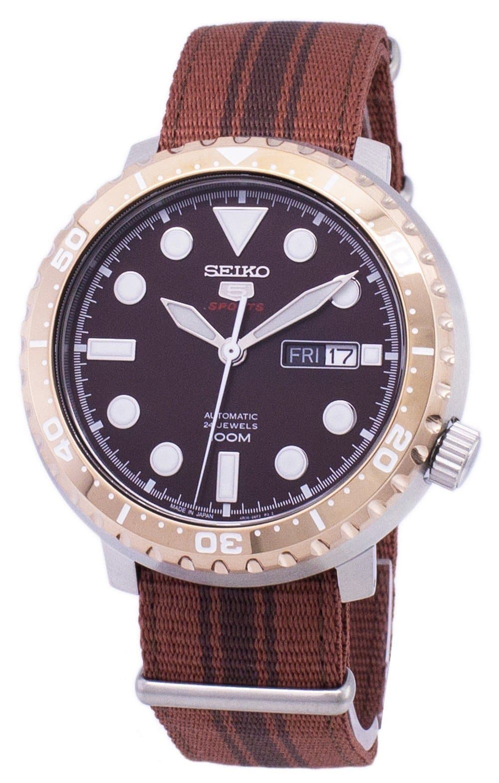 Seiko 5 Sports JAPAN Made Bottle Cap 100M Brown Dial Nylon Strap Watch SRPC68J1 - Diligence1International