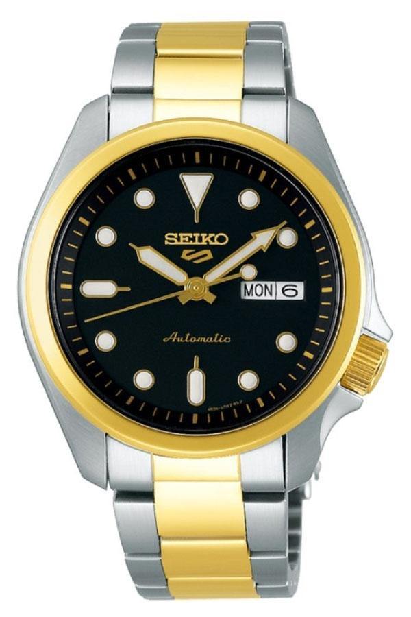 NEW Seiko 5 Sports 100M Automatic Men's Watch Black Dial 2 Tone Gold Plated SRPE60K1 - Diligence1International