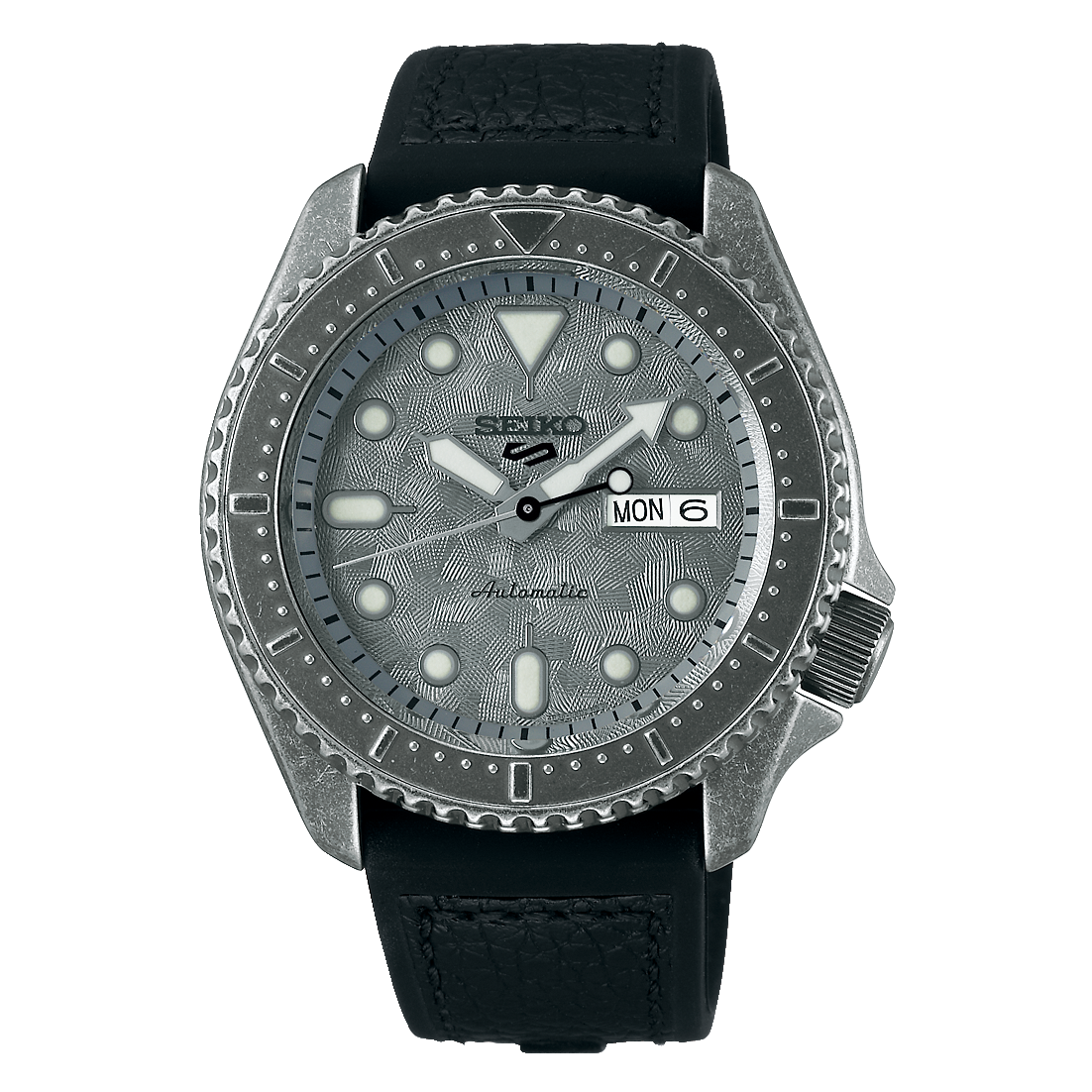 NEW Seiko 5 Sports 100M Automatic Grey Doomsday Bezel Dial Men's Black Leather Strap Watch SRPE79K1 - Diligence1International