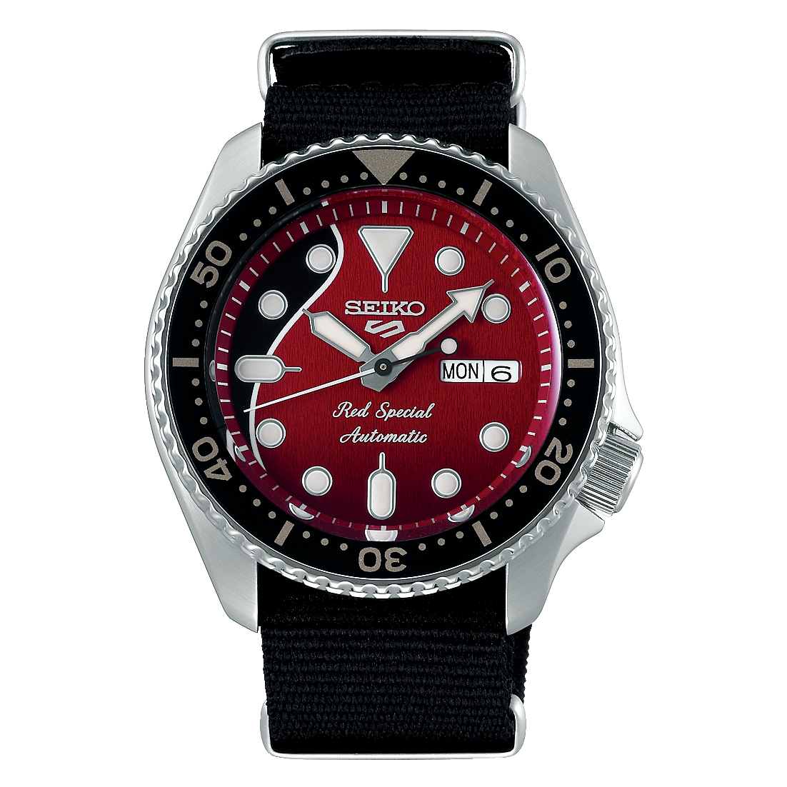 NEW Seiko 5 Sports 100M LE Queen's Brian May Automatic Men's Watch Red Dial Nylon Strap SRPE83K1 - Diligence1International