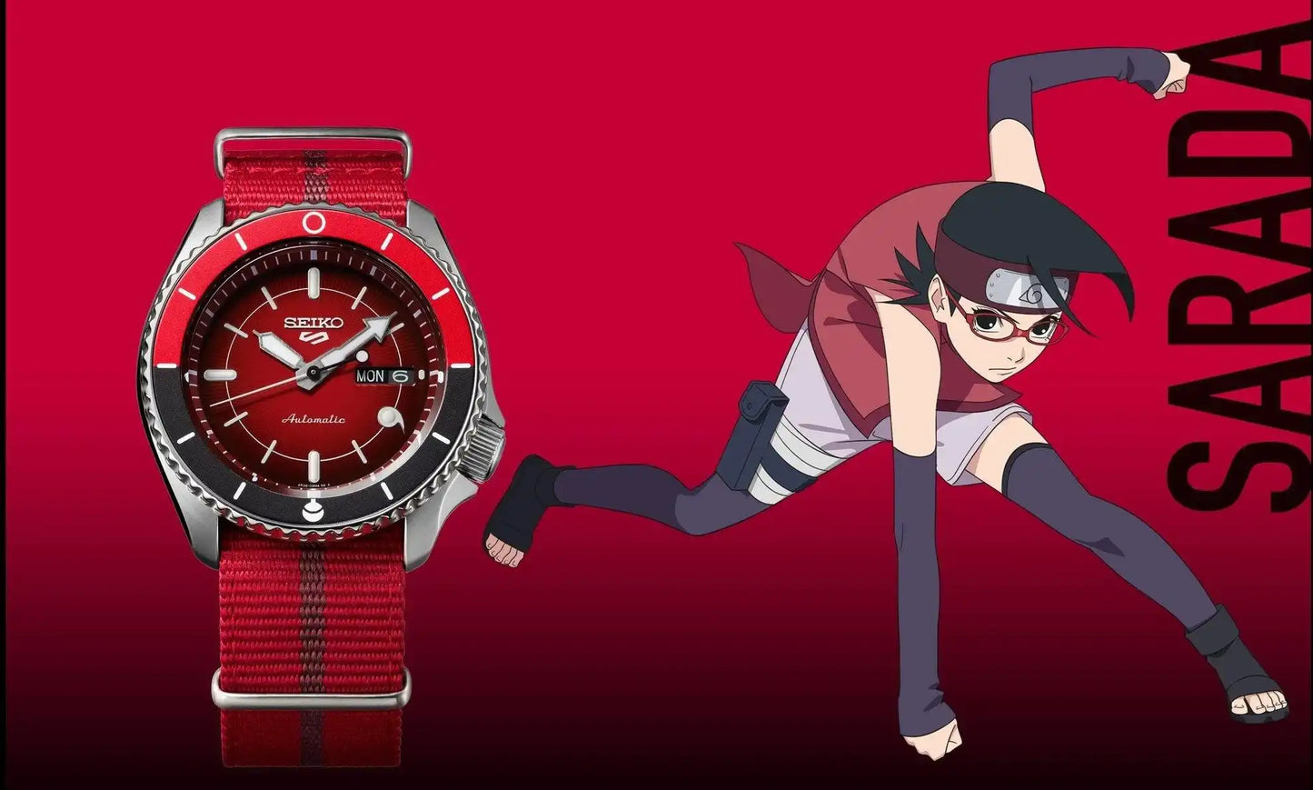 Seiko 5 Sports 100M LE Boruto's Sarada Automatic Men's Watch Red Dial Nylon Strap SRPF67K1 - Diligence1International