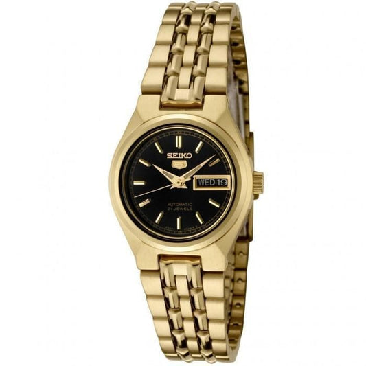 Seiko 5 Classic Ladies Size Black Dial Gold Plated Stainless Steel Strap Watch SYMA06K1 - Diligence1International