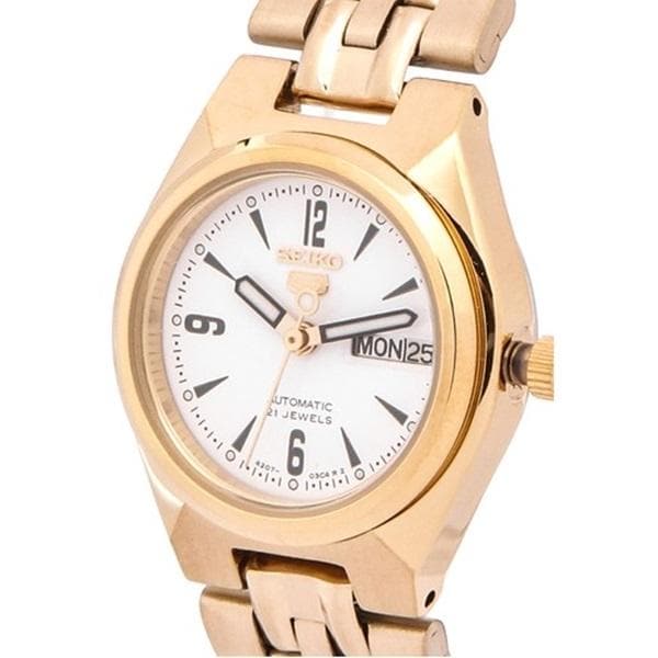 Seiko 5 Classic Ladies Size White Dial Gold Plated Stainless Steel Strap Watch SYMA22K1 - Diligence1International