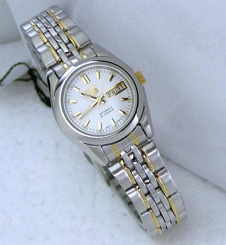 Seiko 5 Classic Ladies Size White Dial 2 Tone Gold Plated Stainless Steel Strap Watch SYMA35K1 - Diligence1International