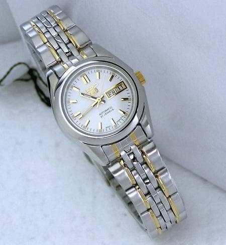 Seiko 5 Classic Ladies Size White Dial 2 Tone Gold Plated Stainless Steel Strap Watch SYMA35K1 - Diligence1International
