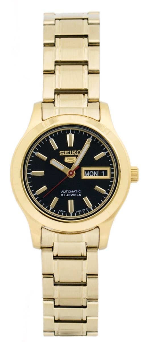 Seiko 5 Classic Ladies Size Black Dial Gold Plated Stainless Steel Strap Watch SYMD96K1 - Diligence1International