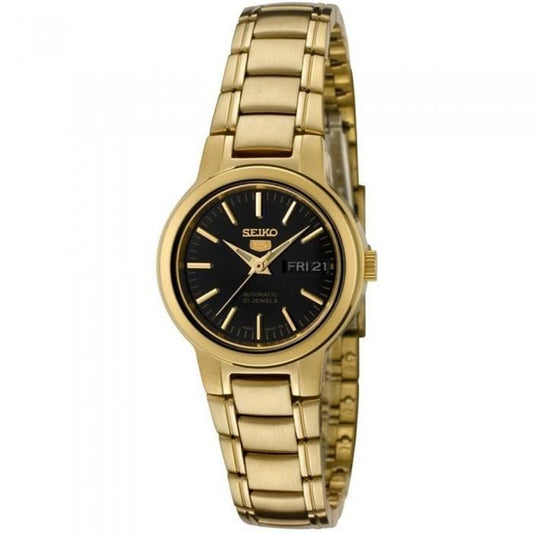 Seiko 5 Classic Ladies Size Black Dial Gold Plated Stainless Steel Strap Watch SYME48K1 - Diligence1International