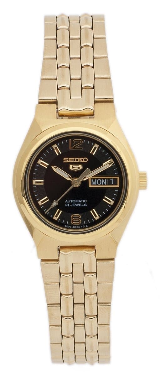 Seiko 5 Classic Ladies Size Black Dial Gold Plated Stainless Steel Strap Watch SYMK38K1 - Diligence1International