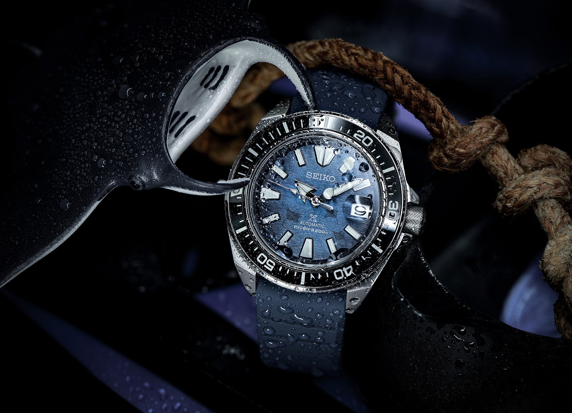 Seiko SE Save the Ocean Dark Manta Ray King Samurai Diver's Men's Rubber Strap Watch SRPF79K1 - Diligence1International