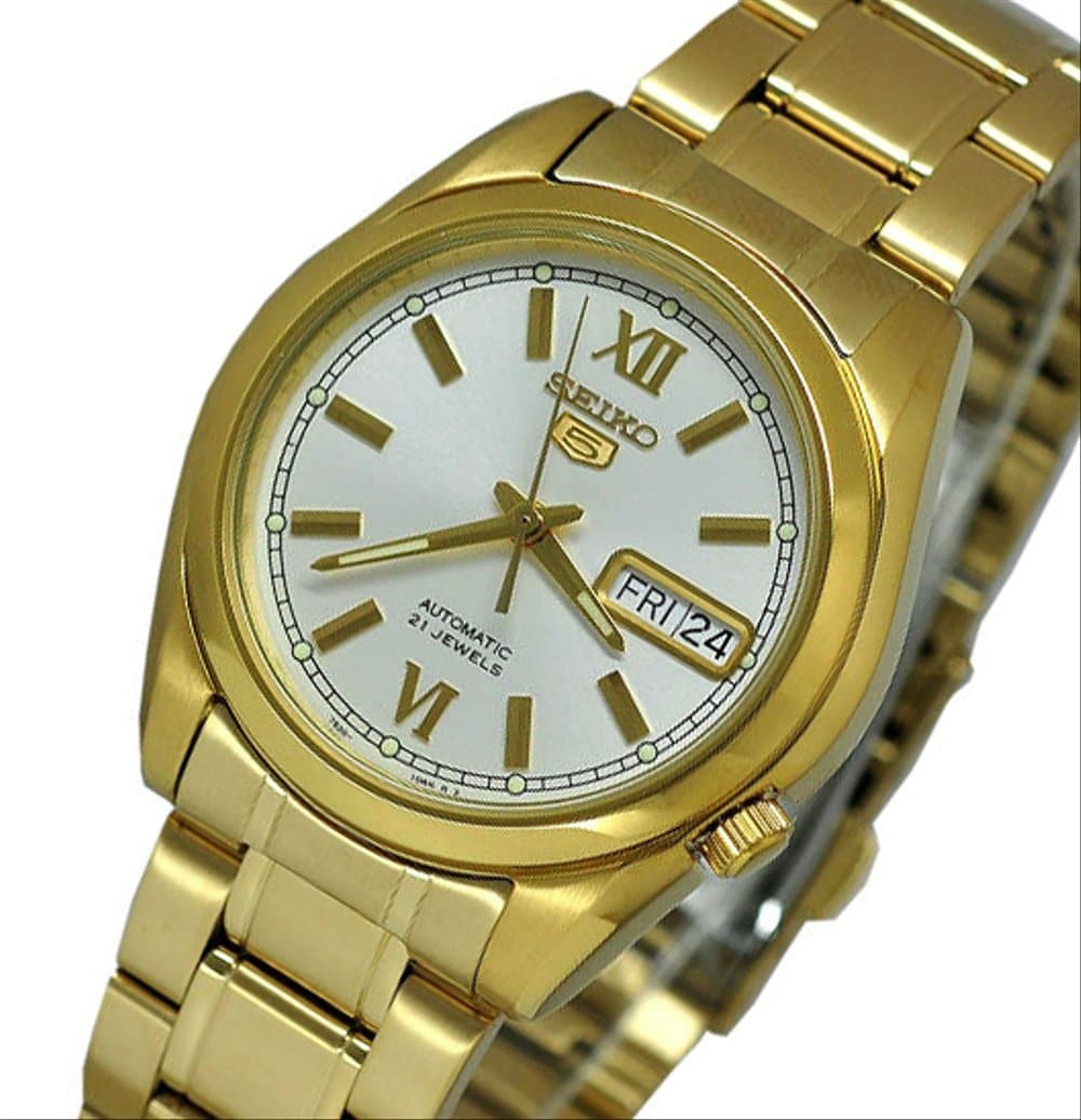 Seiko 5 Classic Mens Size White Dial Gold Plated Stainless Steel Strap Watch SNKL58K1 - Diligence1International