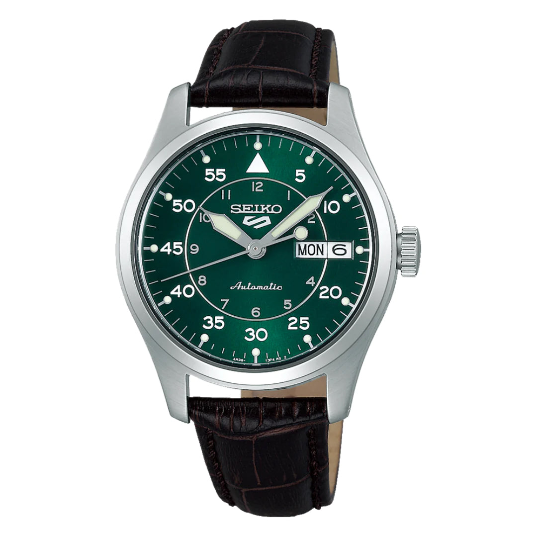 Seiko 5 100M Flieger Suit Style Green Dial Automatic Leather Strap Watch SRPJ89K1