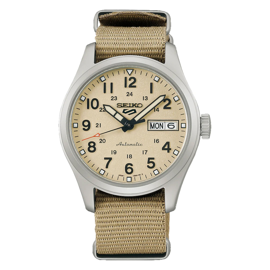 Seiko 5 100M Field Sports Style Sand Dial Automatic Nato Strap Watch SRPJ83K1