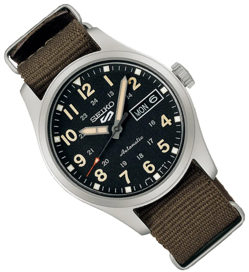 Seiko 5 100M Field Sports Style Black Dial Automatic Nato Strap Watch SRPJ85K1