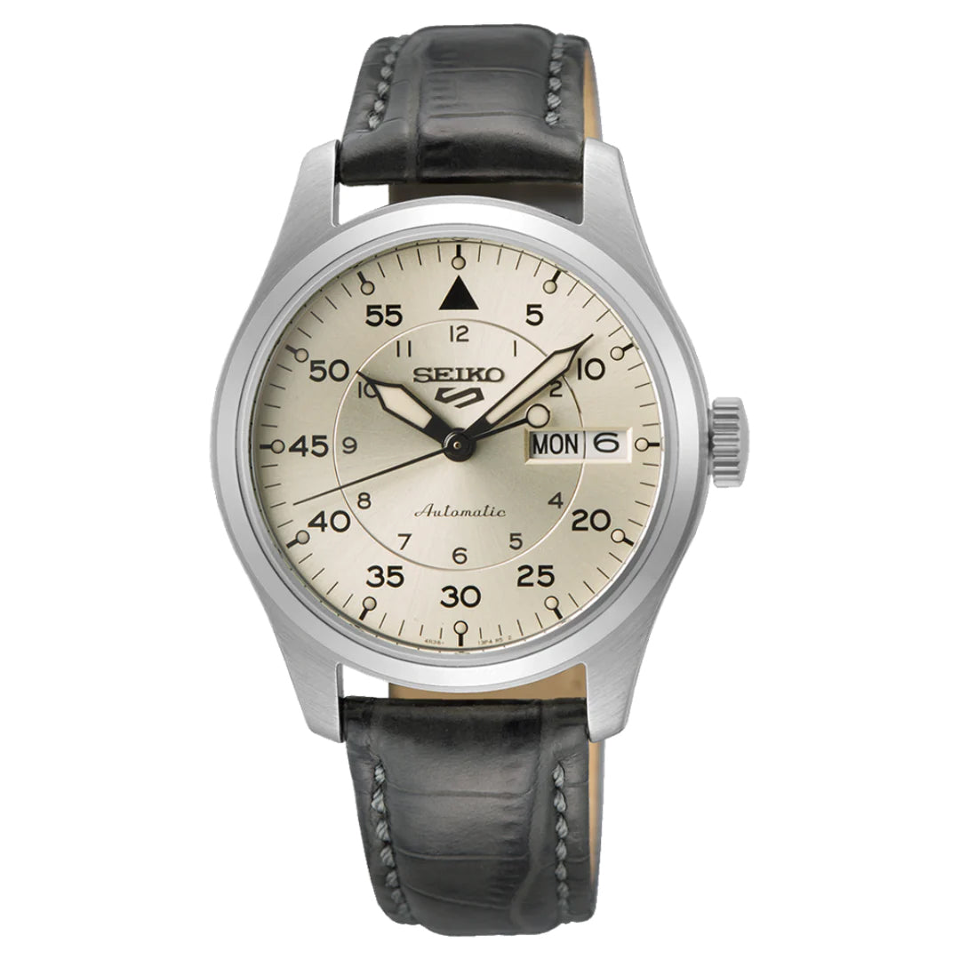 Seiko 5 100M Flieger Suit Style Champagne Dial Automatic Leather Strap Watch SRPJ87K1
