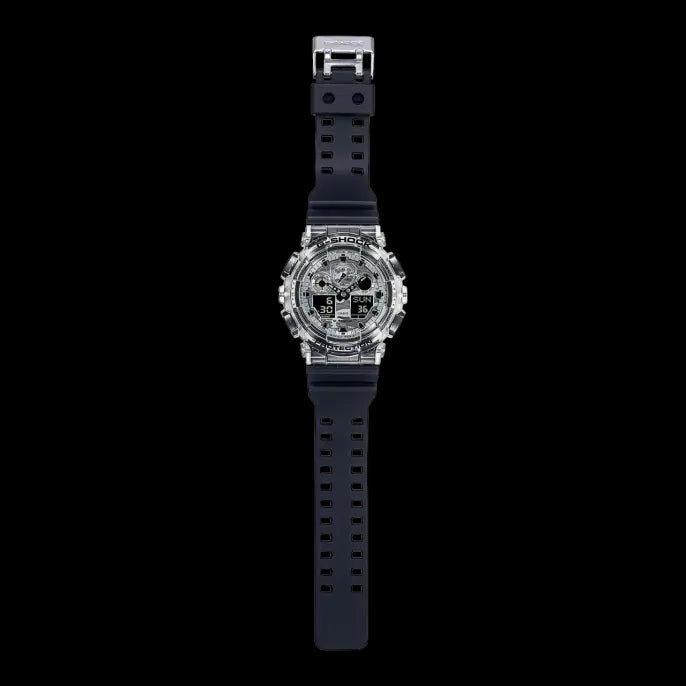 Casio G-Shock Metallic Grey Camo Camouflage Dial Translucent bezel Black Watch GA100SKC-1ADR
