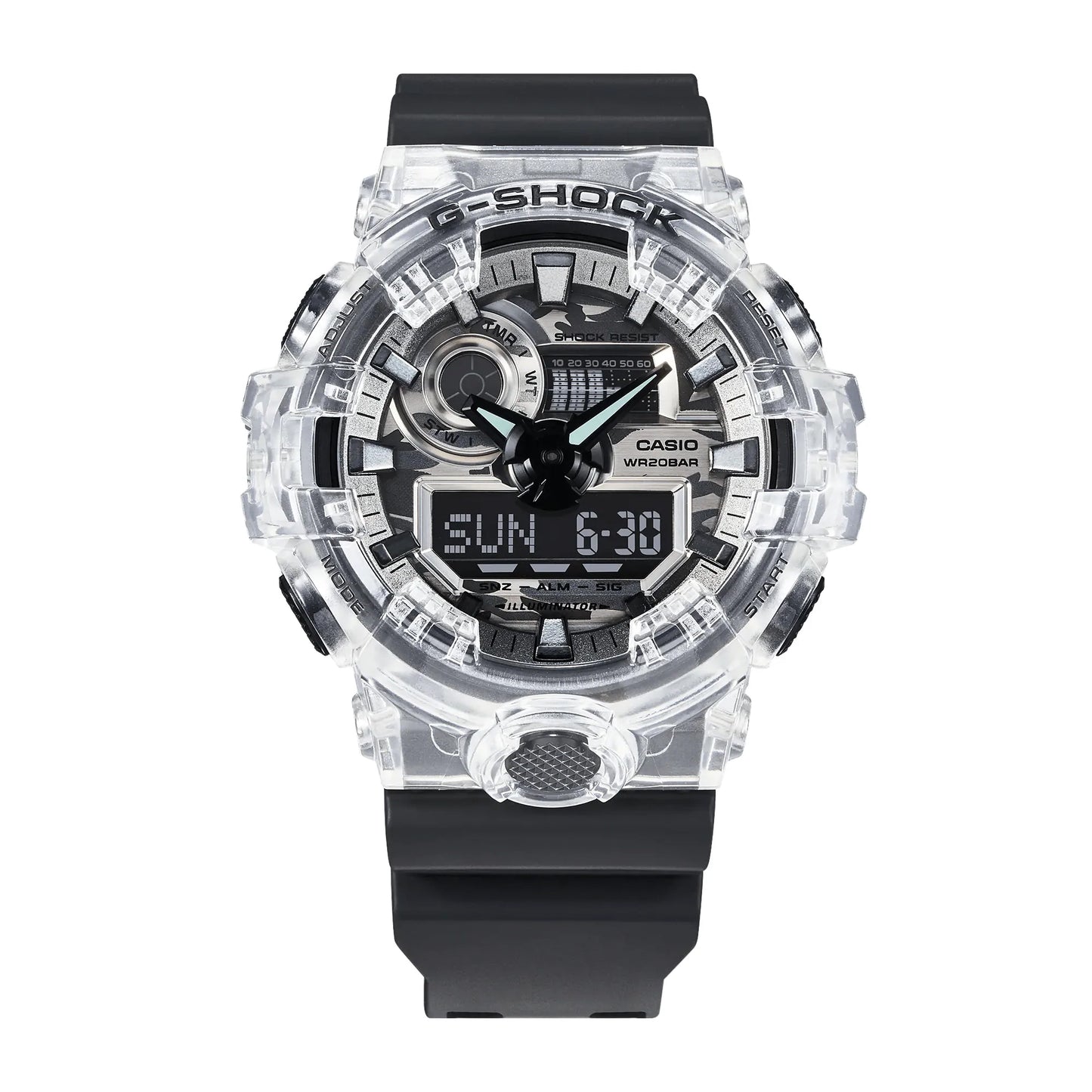 Casio G-Shock Metallic Grey Camo Camouflage Dial Translucent bezel Black Watch GA700SKC-1ADR