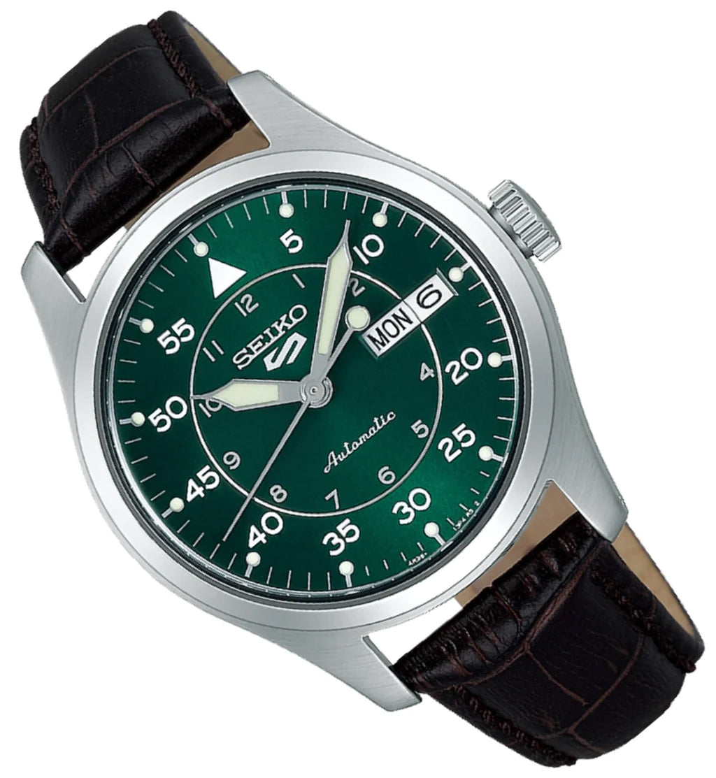 Seiko 5 100M Flieger Suit Style Green Dial Automatic Leather Strap Watch SRPJ89K1