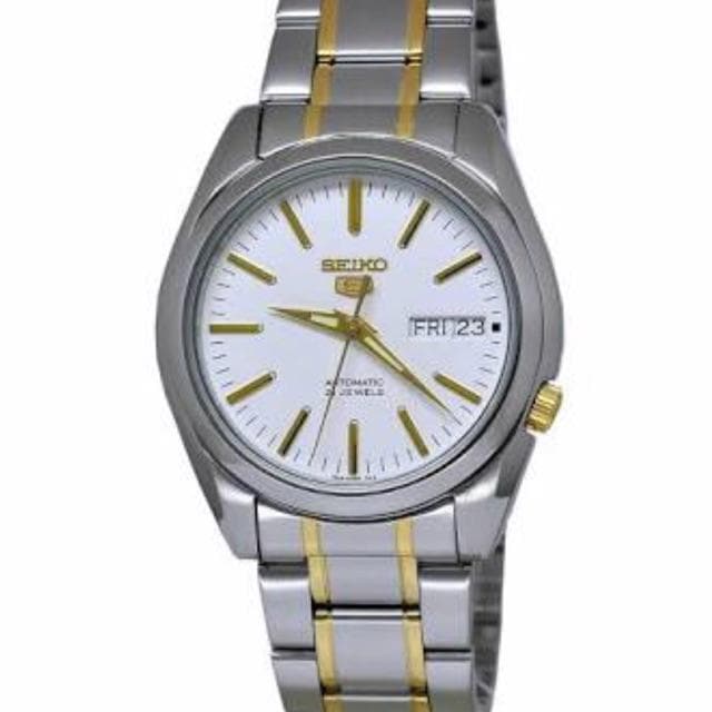 Seiko 5 Classic Mens Size White Dial 2 Tone Gold Plated Stainless Steel Strap Watch SNKL47K1 - Diligence1International