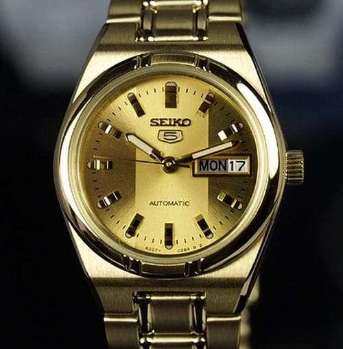 Seiko 5 Classic Ladies Size Gold Dial Gold Plated Stainless Steel Strap Watch SYM600K1 - Diligence1International