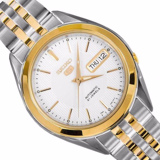 Seiko 5 Classic Mens Size Silver Dial 2 Tone Gold Plated Stainless Steel Strap Watch SNKL24K1 - Diligence1International