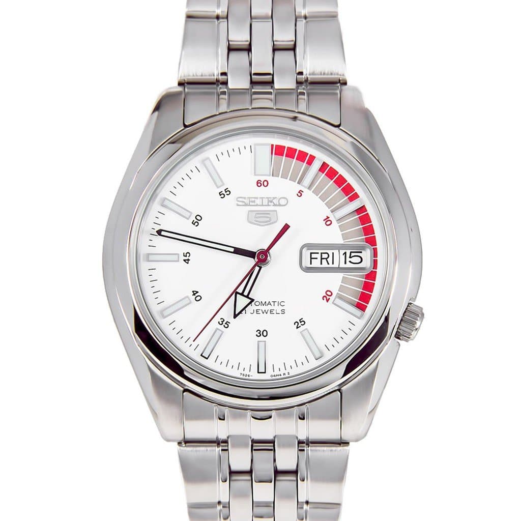 Seiko 5 Classic White Dial with Red Bar Couple's Stainless Steel Watch Set SNK369K1+SYMA41K1 - Diligence1International
