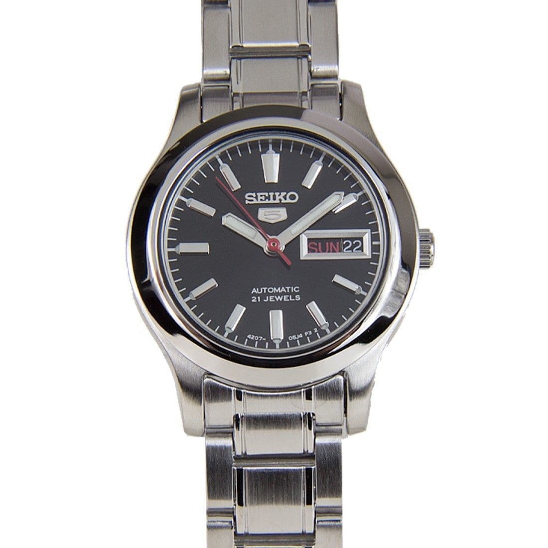 Seiko 5 Classic Black Dial with Red Bar Couple's Stainless Steel Watch Set SNKK31K1+SYMD95K1 - Diligence1International