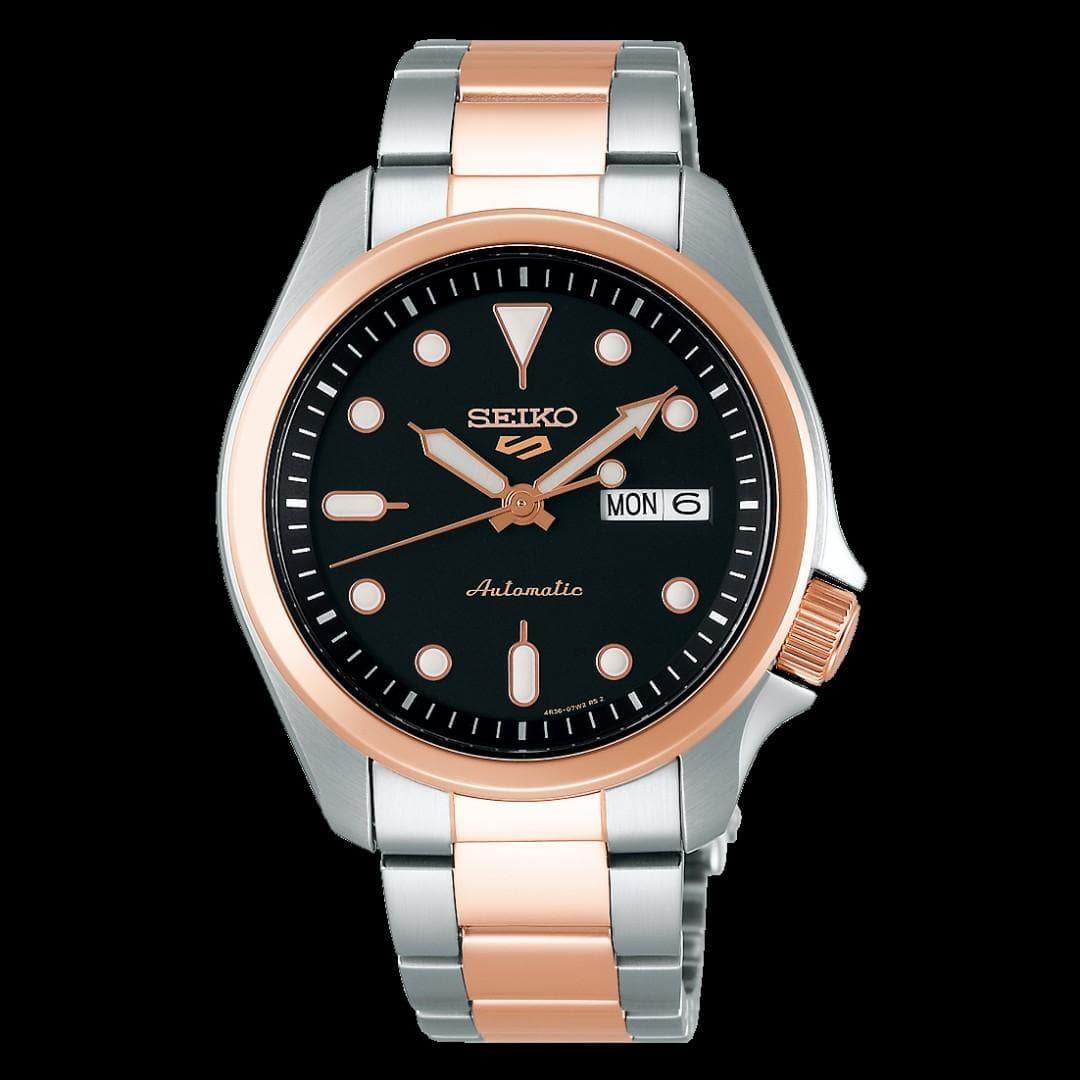 NEW Seiko 5 Sports 100M Automatic Men's Watch Black Dial 2 Tone Rose Gold Plated SRPE58K1 - Diligence1International