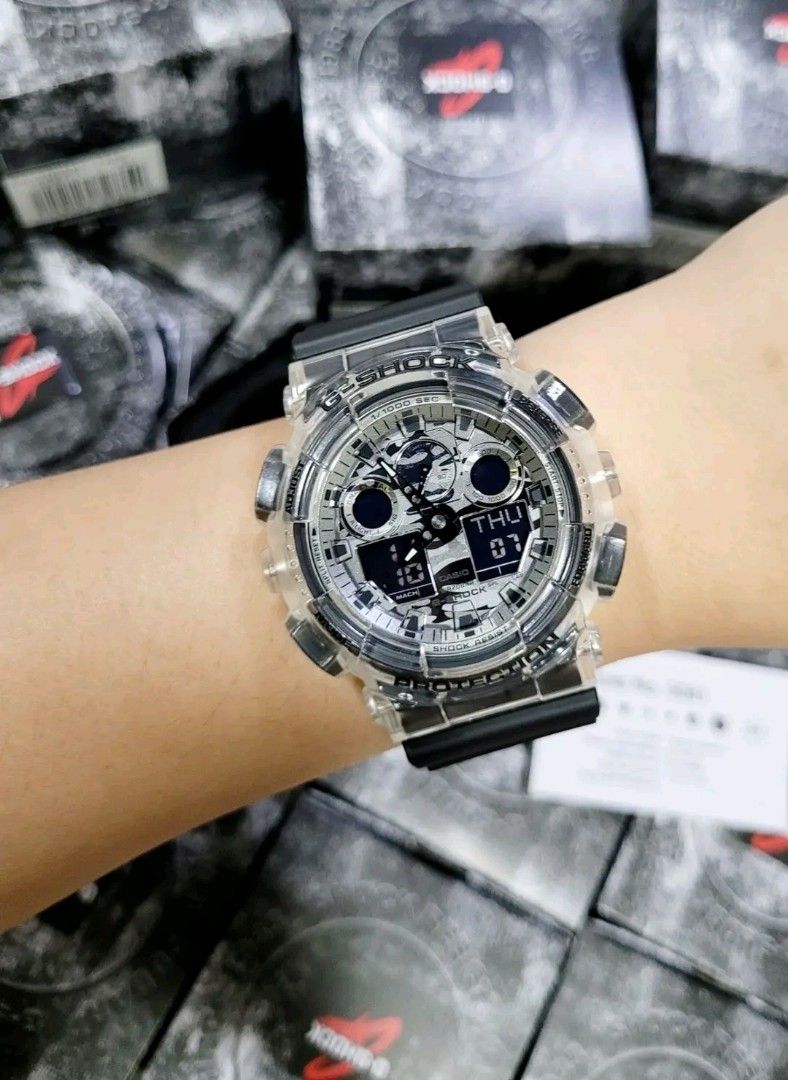 Casio G-Shock Metallic Grey Camo Camouflage Dial Translucent bezel Black Watch GA100SKC-1ADR
