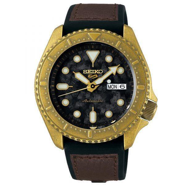 NEW Seiko 5 Sports 100M Automatic Men's Patterned Black Dial Bronze Plated Case Leather Strap Watch SRPE80K1 - Diligence1International