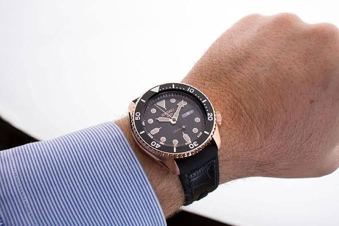 Seiko 5 Sports 100M Automatic Men's Leather Strap Watch Black Bezel Dial Rose Gold Plated Case SRPD76K1