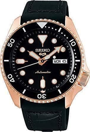 Seiko 5 Sports 100M Automatic Men's Leather Strap Watch Black Bezel Dial Rose Gold Plated Case SRPD76K1