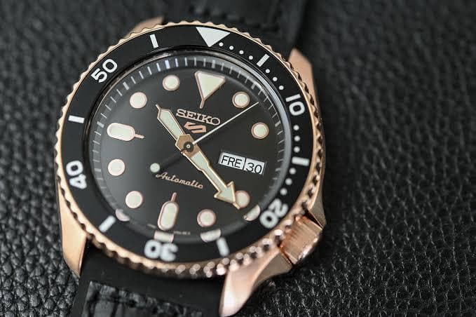 Seiko 5 Sports 100M Automatic Men's Leather Strap Watch Black Bezel Dial Rose Gold Plated Case SRPD76K1