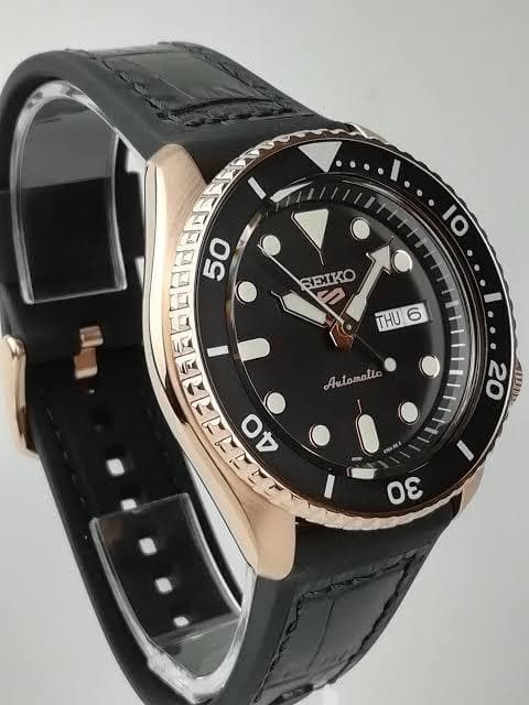 Seiko 5 Sports 100M Automatic Men's Leather Strap Watch Black Bezel Dial Rose Gold Plated Case SRPD76K1