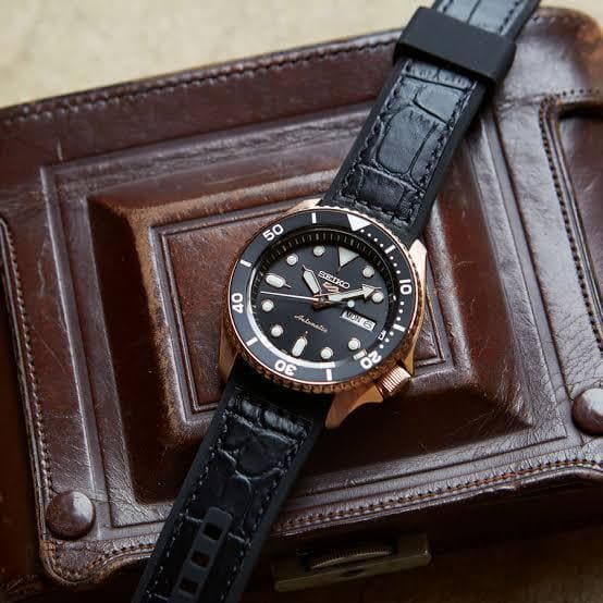 Seiko 5 Sports 100M Automatic Men's Leather Strap Watch Black Bezel Dial Rose Gold Plated Case SRPD76K1