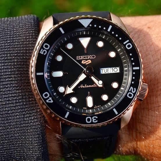Seiko 5 Sports 100M Automatic Men's Leather Strap Watch Black Bezel Dial Rose Gold Plated Case SRPD76K1