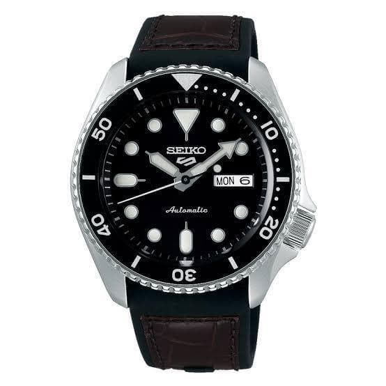Seiko 5 Sports 100M Automatic Men's Leather Strap Watch Black Bezel Dial SRPD55K2