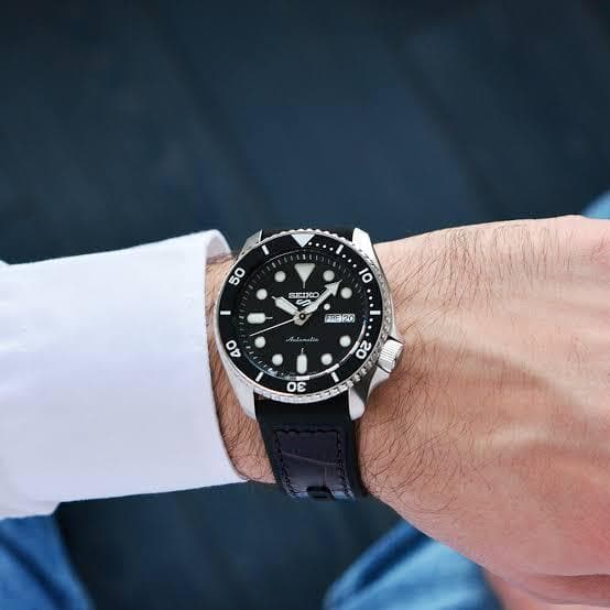 Seiko 5 Sports 100M Automatic Men's Leather Strap Watch Black Bezel Dial SRPD55K2