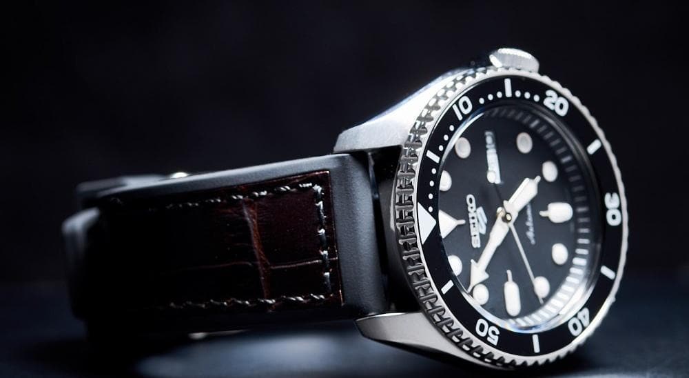 Seiko 5 Sports 100M Automatic Men's Leather Strap Watch Black Bezel Dial SRPD55K2