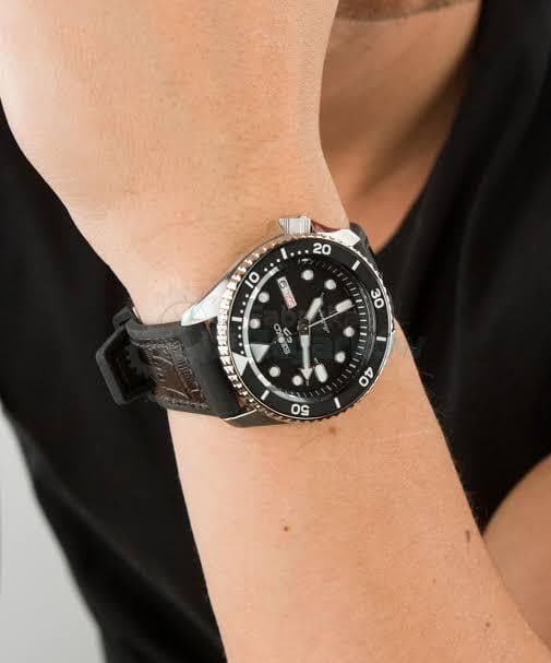 Seiko 5 Sports 100M Automatic Men's Leather Strap Watch Black Bezel Dial SRPD55K2