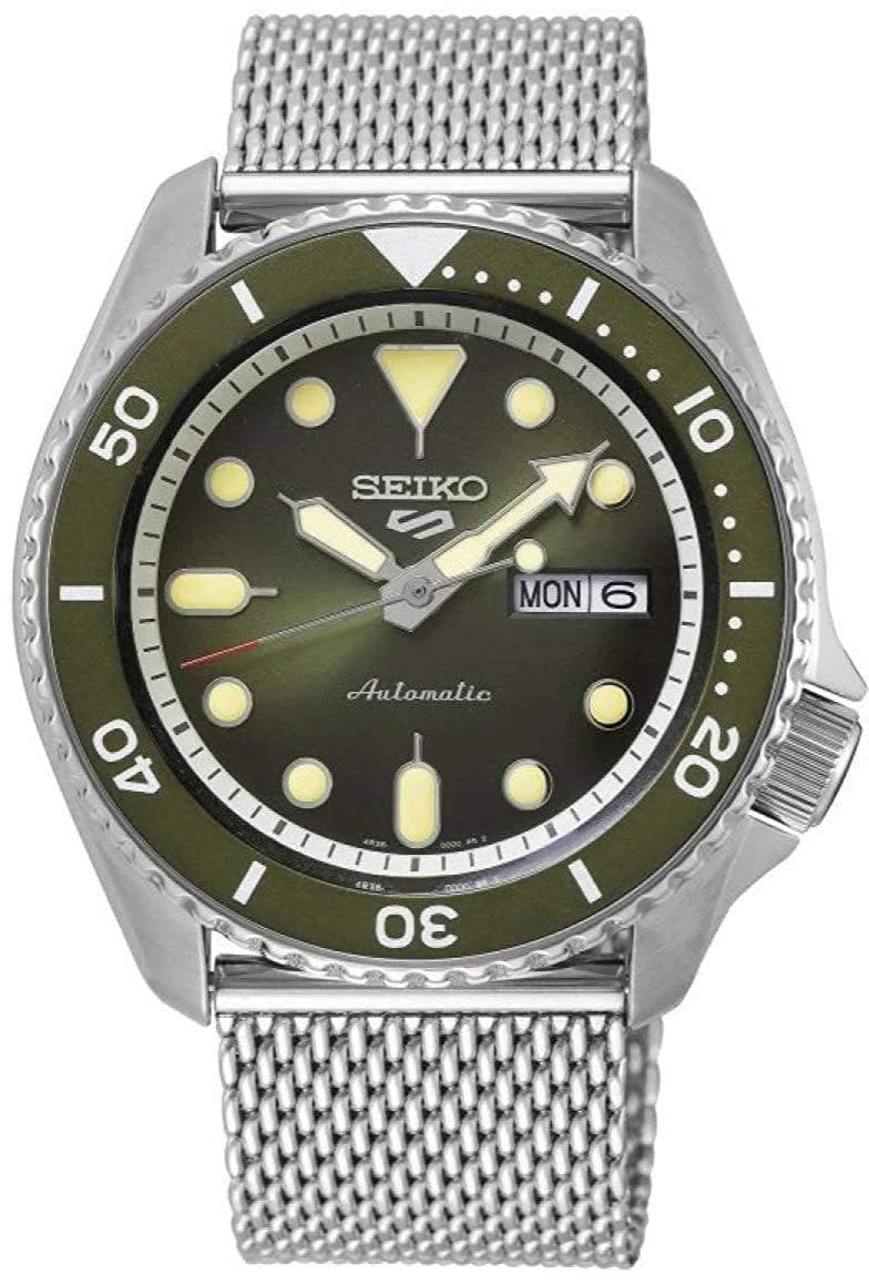 Seiko 5 Sports 100M Automatic Men's Stainless Mesh Strap Watch Green Bezel Dial SRPD75K1