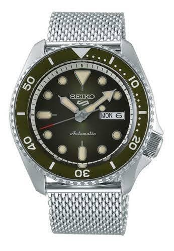 Seiko 5 Sports 100M Automatic Men's Stainless Mesh Strap Watch Green Bezel Dial SRPD75K1