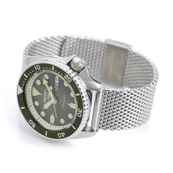 Seiko 5 Sports 100M Automatic Men's Stainless Mesh Strap Watch Green Bezel Dial SRPD75K1
