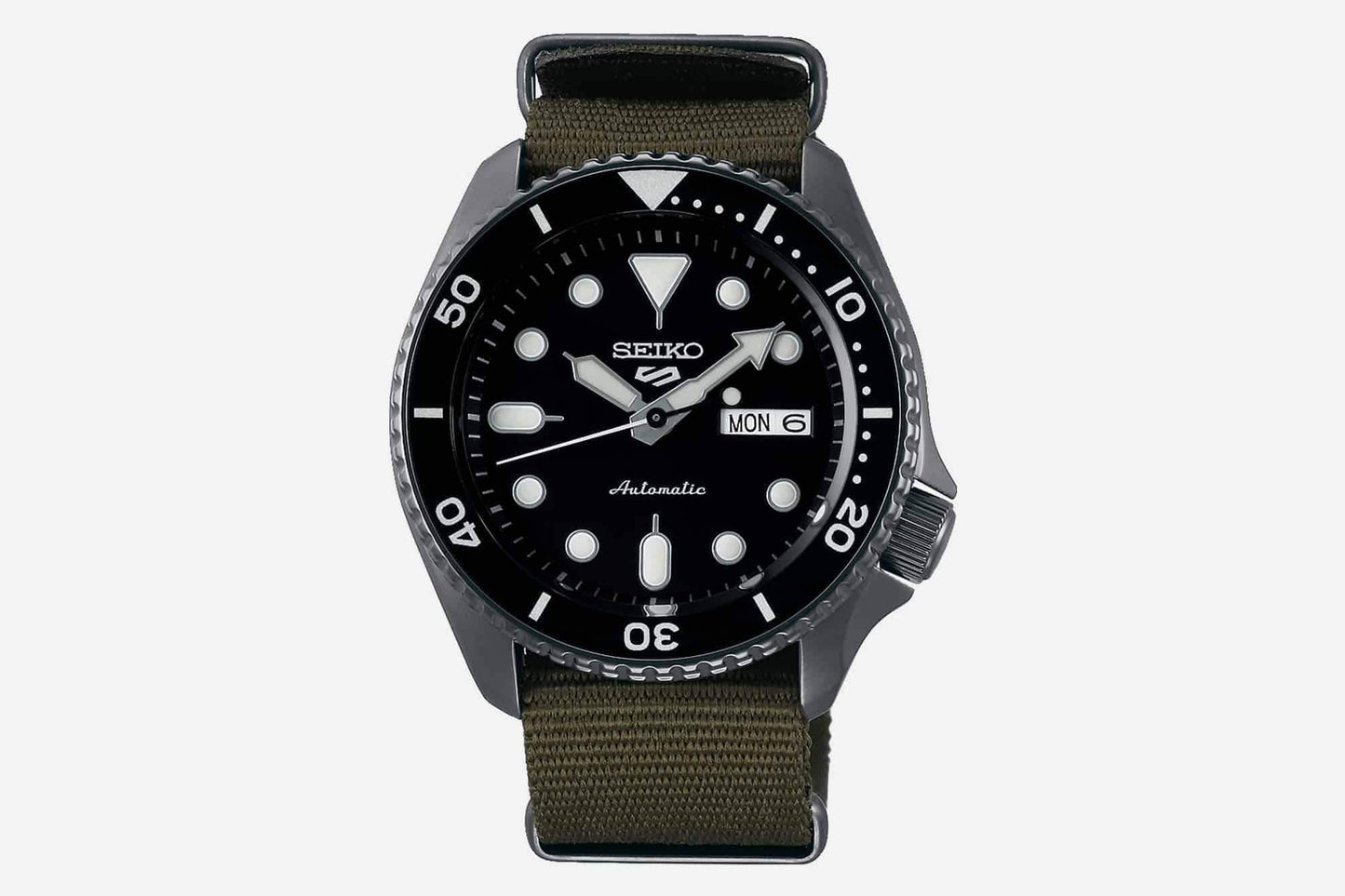 Seiko 5 Sports 100M Automatic Men's Watch Black Bezel Dial Green Nylon Strap SRPD65K4