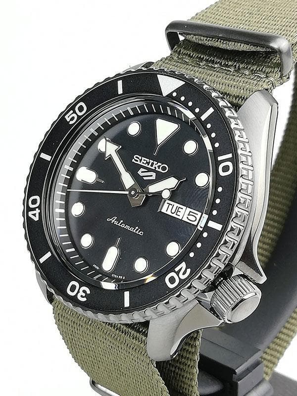 Seiko 5 Sports 100M Automatic Men's Watch Black Bezel Dial Green Nylon Strap SRPD65K4