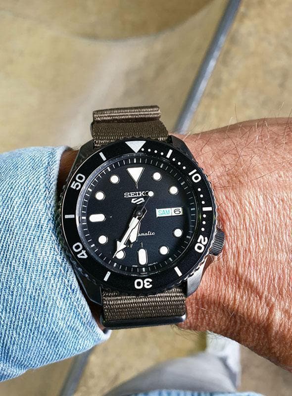 Seiko 5 Sports 100M Automatic Men's Watch Black Bezel Dial Green Nylon Strap SRPD65K4