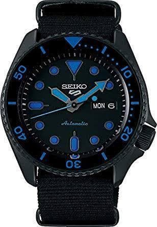 Seiko 5 Sports 100M Automatic Men's Watch Blue Hands Index Stealth All BLACK Nylon Strap SRPD81K1