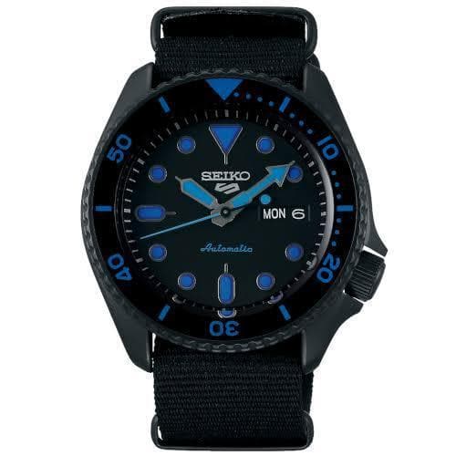 Seiko 5 Sports 100M Automatic Men's Watch Blue Hands Index Stealth All BLACK Nylon Strap SRPD81K1