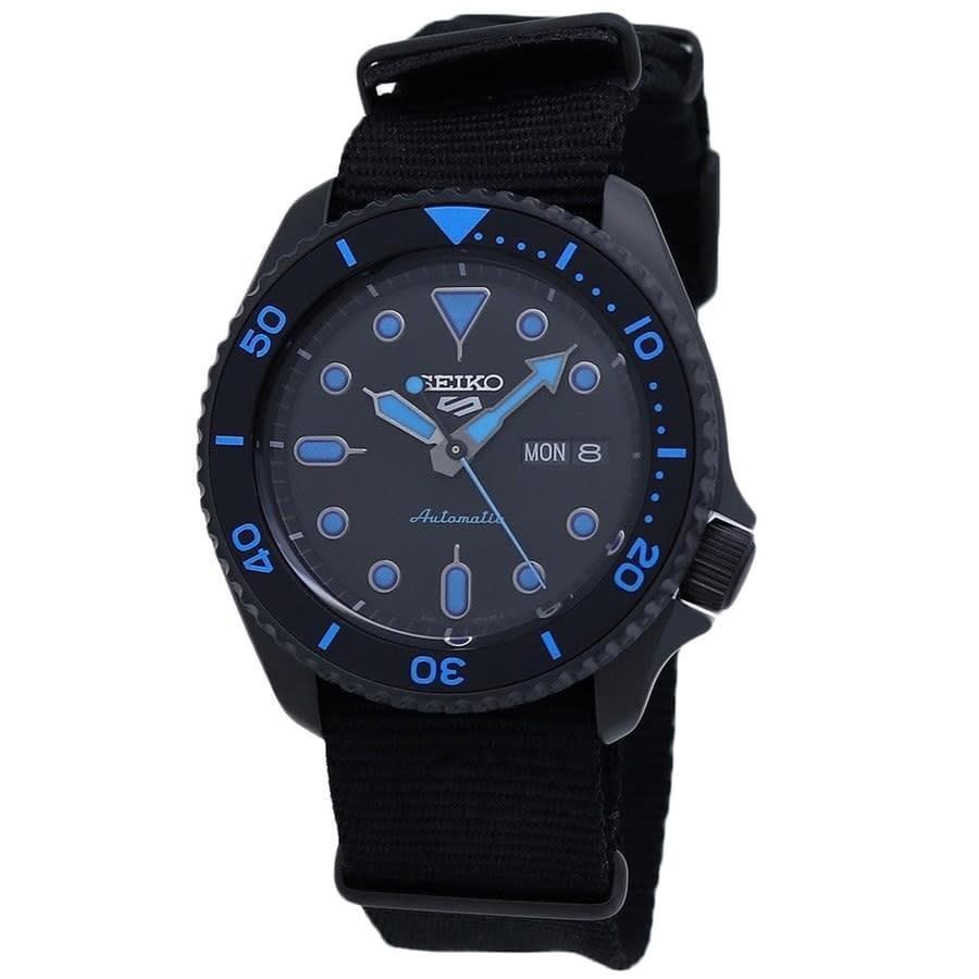 Seiko 5 Sports 100M Automatic Men's Watch Blue Hands Index Stealth All BLACK Nylon Strap SRPD81K1