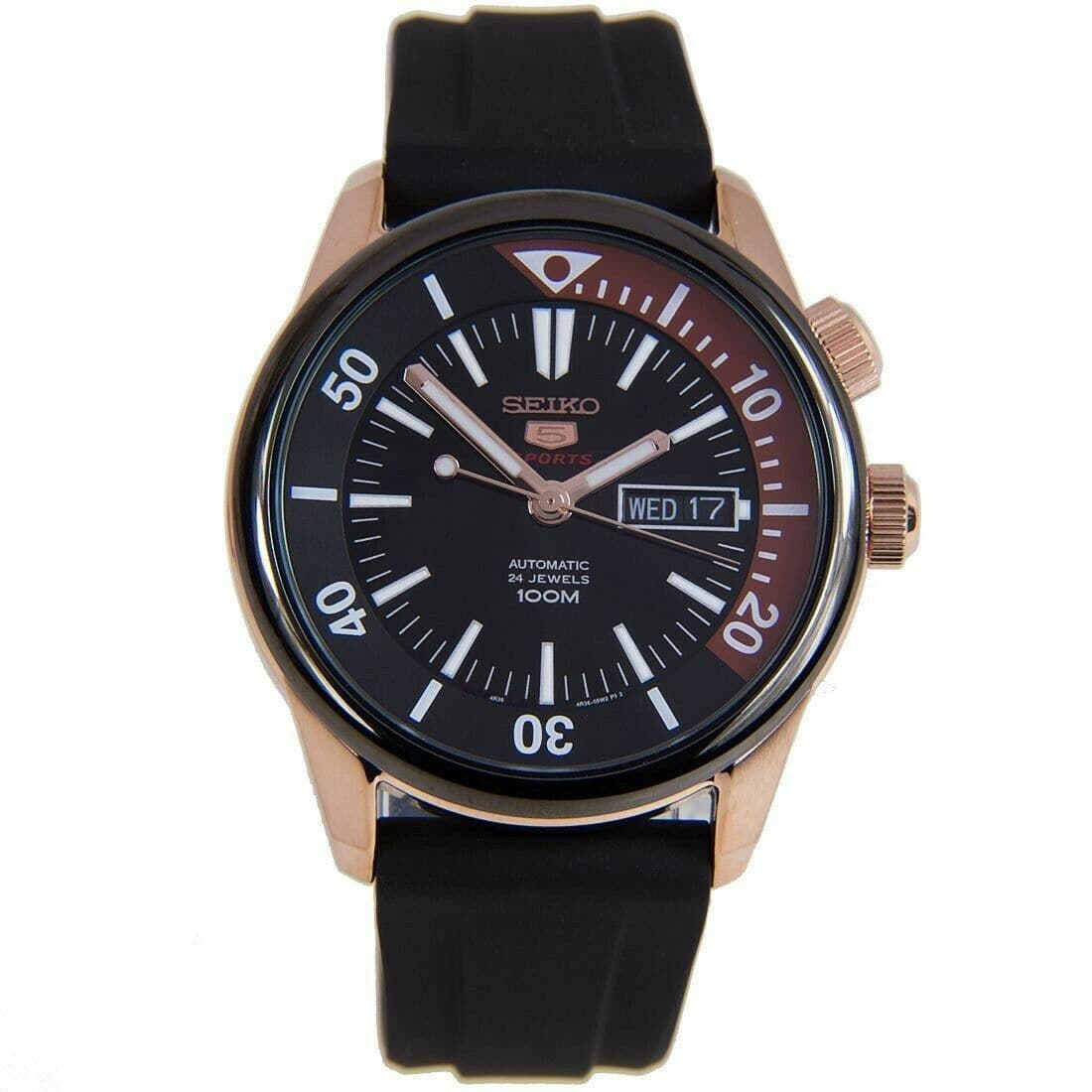 Seiko 5 Sports 100M Black Dial Rose Gold Plated Case Rubber Strap Watch SRPB32K1