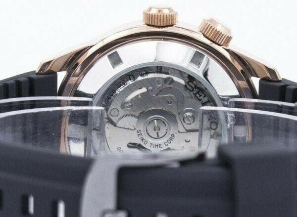 Seiko 5 Sports 100M Black Dial Rose Gold Plated Case Rubber Strap Watch SRPB32K1